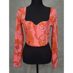 Zara Floral Sweetheart Jacquard Crop Top‎ L Long Sleeve Pink Orange Blogger Fav